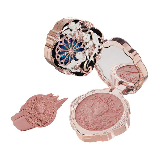 Flower Knows Little Angel Cream Blush embossed angel pattern on compact for luxe display.