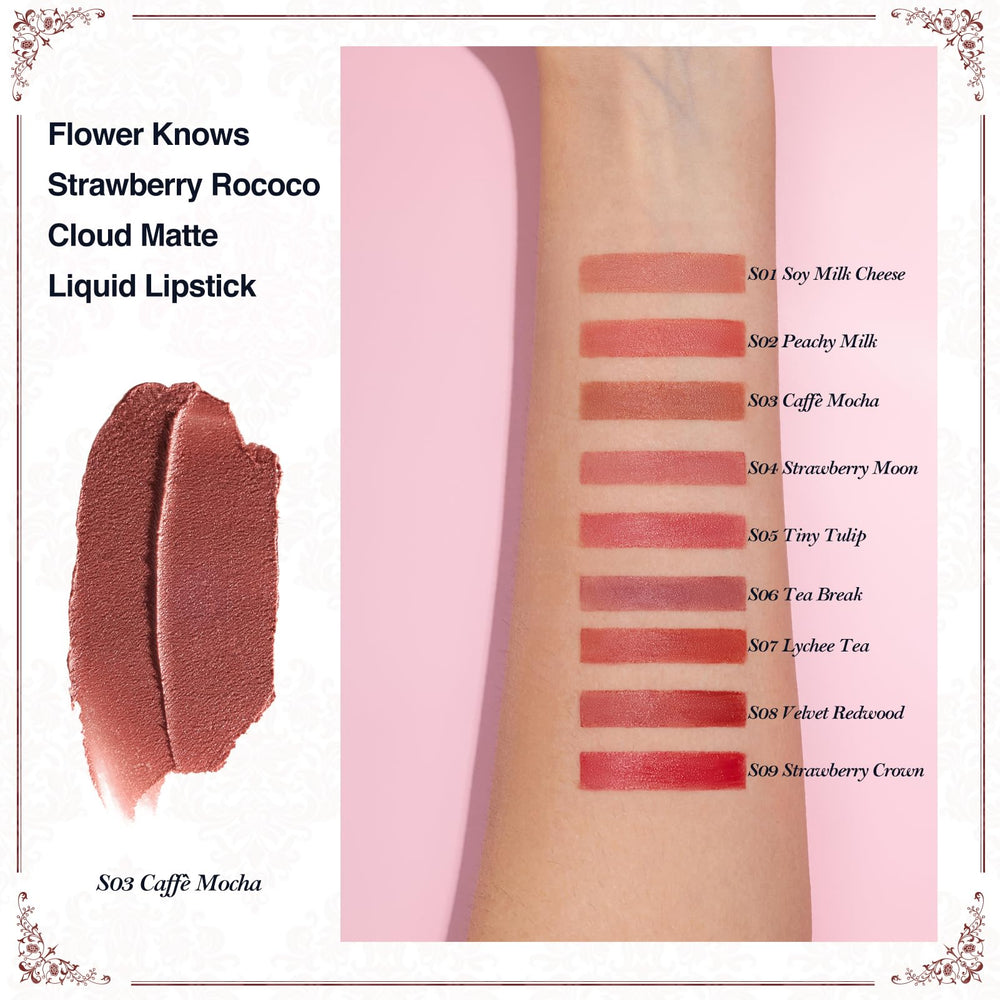 Flower Knows S03 Caffè Mocha swatches in warm brown nude tones.