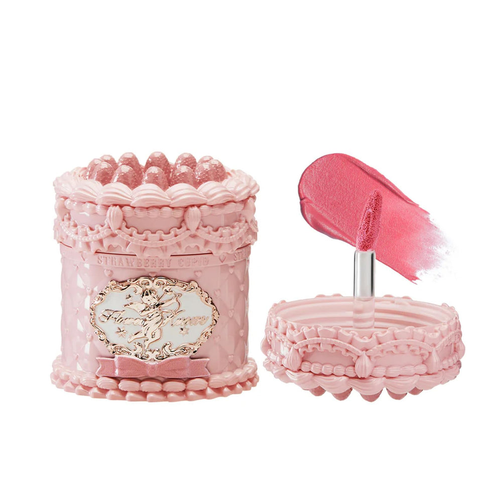 Flower Knows lip cream jar displays strawberry Cupid Cake colors with vegan packaging