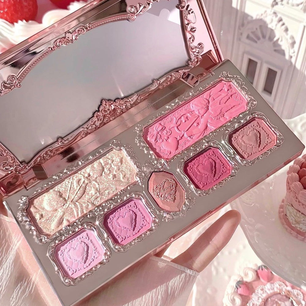 Flower Knows Strawberry Cupid Palette five matte two shimmer shades for versatile looks.