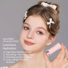 Flower Knows Swan Ballet Shine Lipstick application closeup shows smooth, non sticky layer.