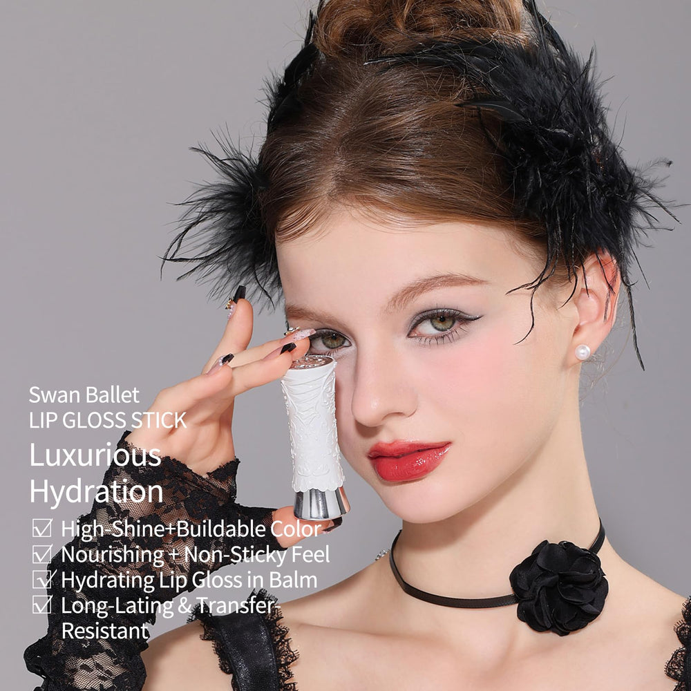 Flower Knows Swan Ballet Shine Lipstick close-up highlights the high-shine, non-sticky glow.