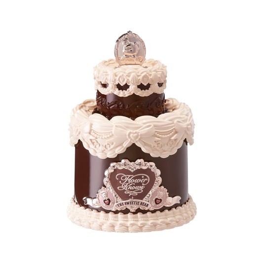 Flower Knows Sweetie Bear bottle close-up with whimsy cream cake motif for playful vanity appeal.