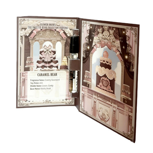 Flower Knows Sweetie Bear bottle with cream-cake design for a whimsical vanity display.