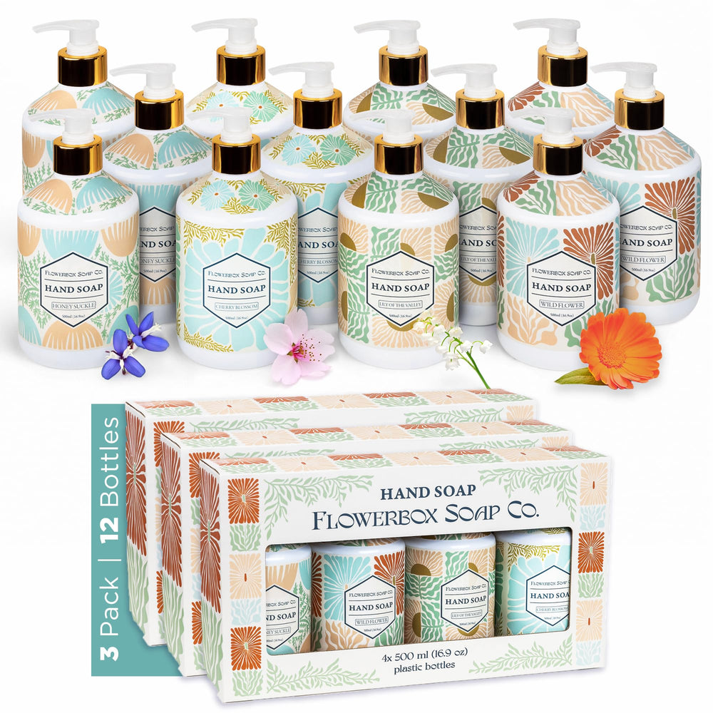 FlowerBox liquid hand soap bottles on display with decorative boho floral design for bathroom or kitchen