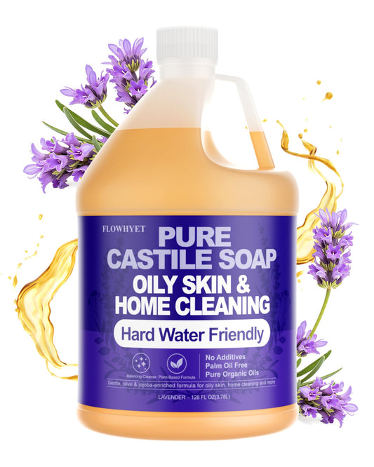 FLOWHYET Lavender Castile hand soap bottle with floral scent for gentle cleansing.
