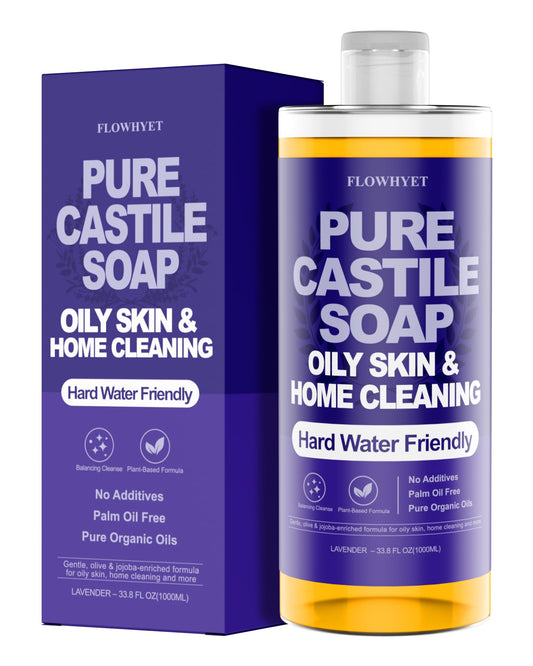 FLOWHYET lavender castile soap bottle shows versatile cleansing for skin and surfaces.