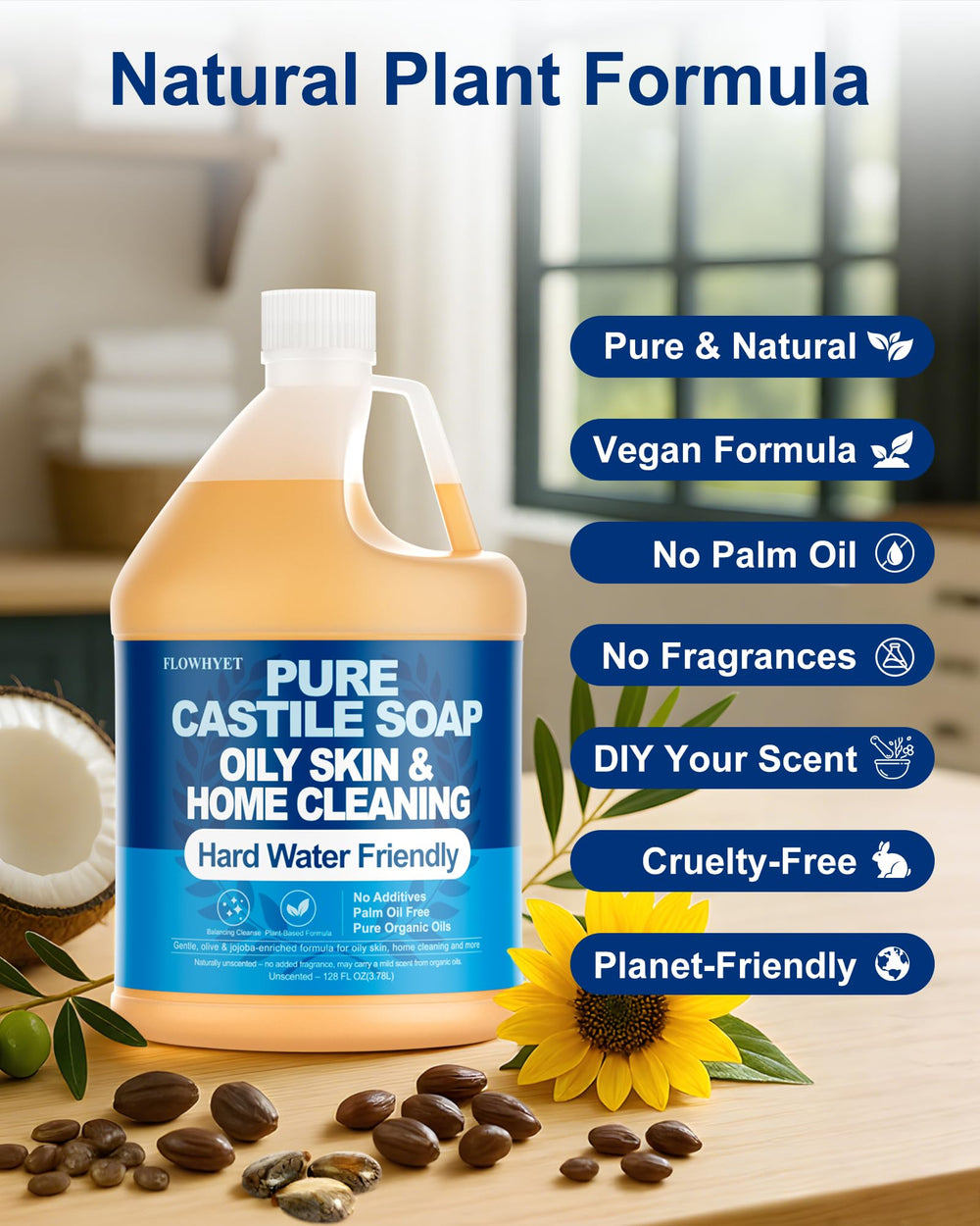 Flowhyet Pure Castile Soap dishwashing option with unscented formula