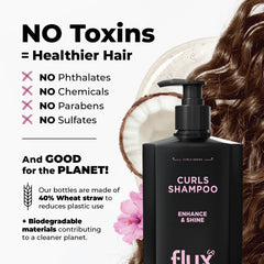 Flux Up Curly Hair Shampoo packaging flatlay highlights ritual-worthy routine for frizz control.