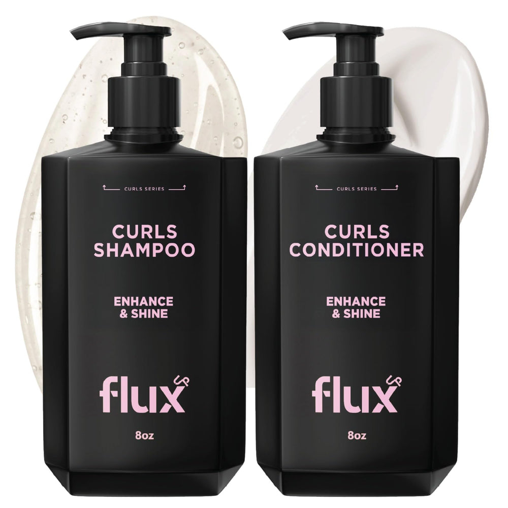 Flux Up Curly Shampoo bottle close-up shows hydration for defined curls