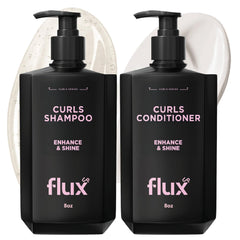 Flux Up Curly Shampoo bottle close-up shows hydration for defined curls