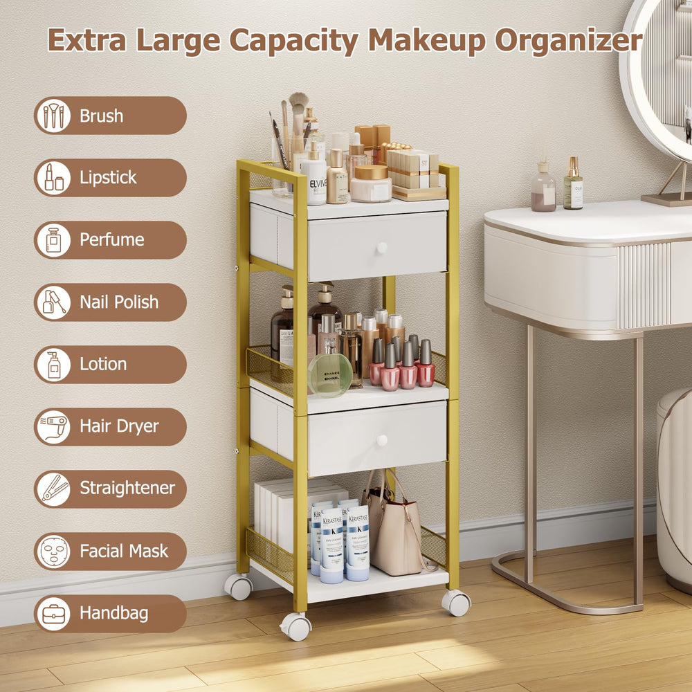 Flycity bedroom vanity setup shows stylish gold-finish cart as a portable dresser.