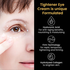 Foffreo eye tightener cream application on under-eye area for smoothing fine lines.