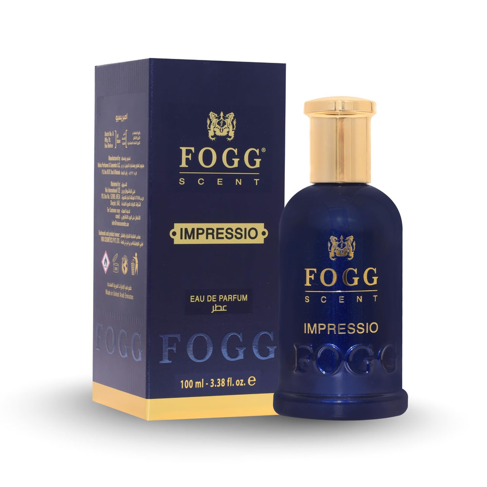 Fogg Scent Impressio bottle with amber woody profile for premium nighttime appeal