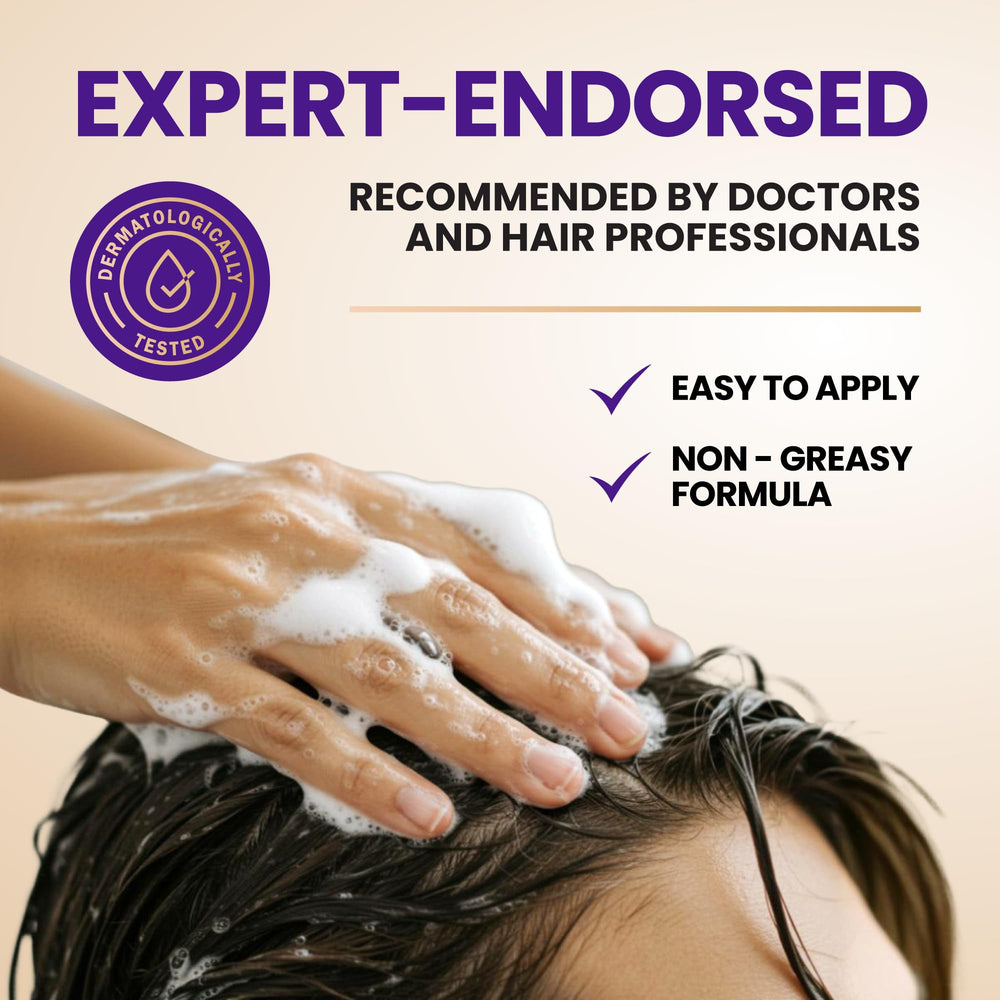 FOLICARE Thickening Hair Growth Shampoo split-end repair close-up shows keratin-rosemary synergy.