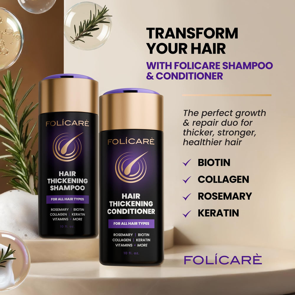 FOLICARE hair strands close-up showing potential fullness and texture.