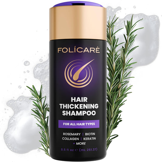 FOLICARE Thickening Hair Growth Shampoo bottle shows a formula that supports fuller-looking hair.