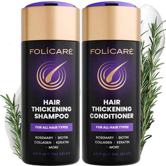 FOLICARE thickening shampoo bottle pour promotes fuller-looking hair.