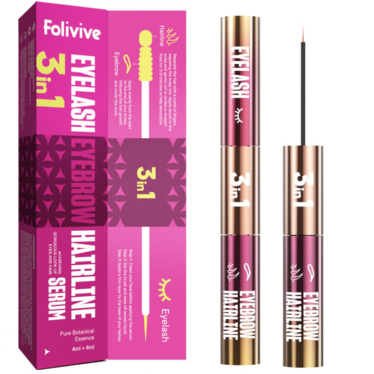 Folivive 3-in-1 serum bottle for lash, brow, and hairline growth potential.