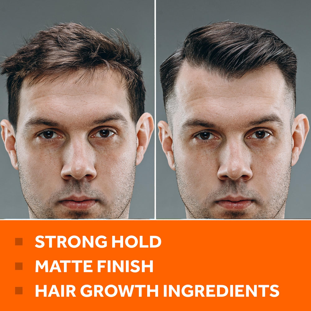 FOLLICLE BOOSTER matte finish pomade bottle with water-based formula for easy wash-off.