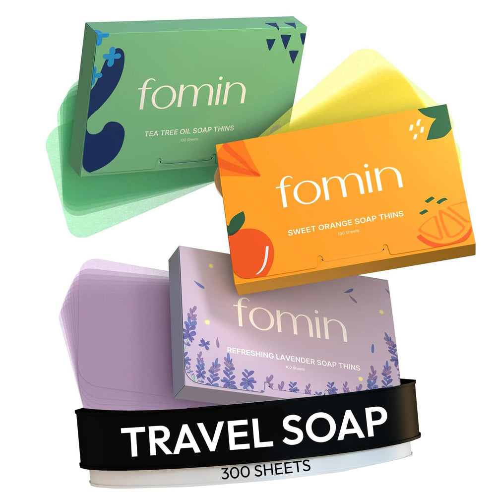 FOMIN antibacterial paper soap sheets packaging for travel, compact and mess-free hand washing.