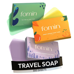 FOMIN antibacterial paper soap sheets packaging for travel, compact and mess-free hand washing.