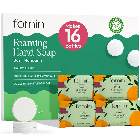 FOMIN Basil Mandarin foam soap tablet closeup for easy at-home refills.