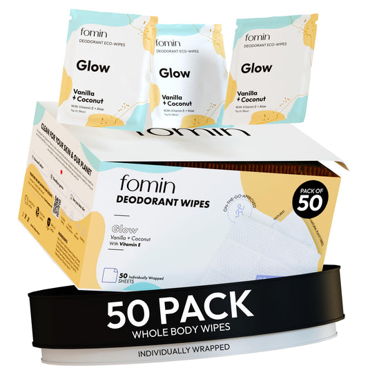 FOMIN Travel Deodorant Wipes packaging closeup showing eco-friendly design.