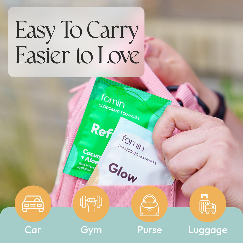 FOMIN Travel Deodorant Wipes being applied to underarm for a quick refresh.