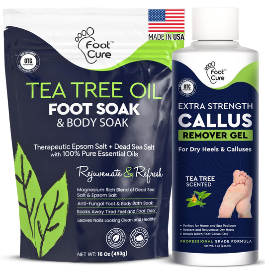 Foot Cure Tea Tree Foot Soak bottle calms tired feet with natural essential oils.
