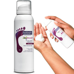 Footlogix rough skin formula Spiraleen mousse bottle shown for easy application.