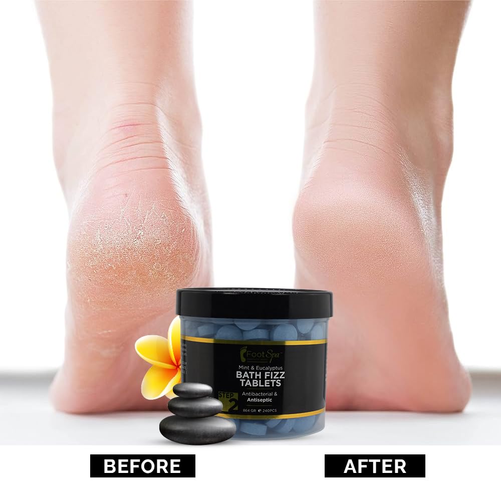 FootSpa Bath Fizz Mint & Eucalyptus pedicure prep setup with soothing aromatics.