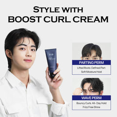 FORBEAUT Boost Curl Cream model curls demonstrates defined, bouncy waves.