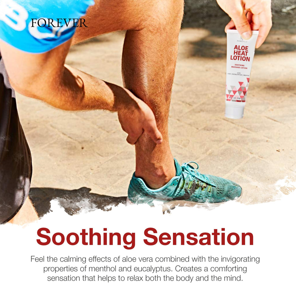 Forever Living Aloe Heat Lotion on a leg after workout for tired muscle relaxation