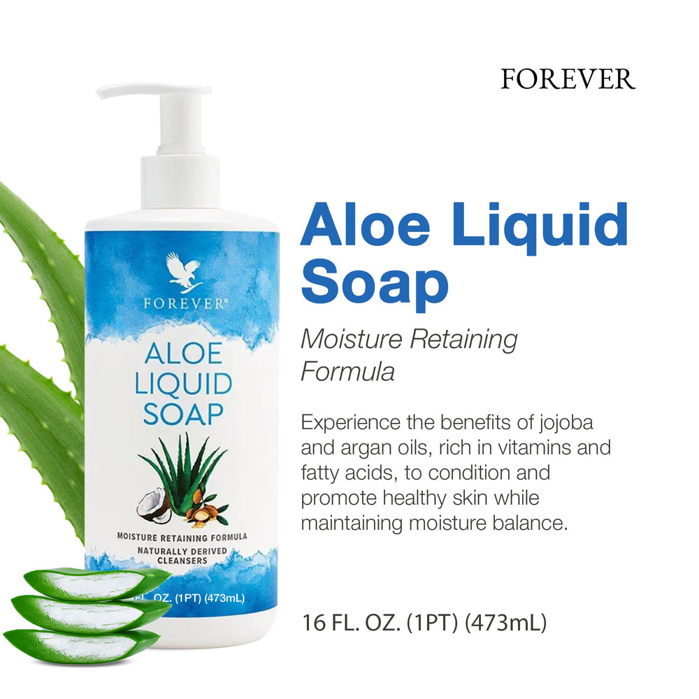 Forever Living Aloe Liquid Soap bottle pour demonstrates rich lather with quick absorption.