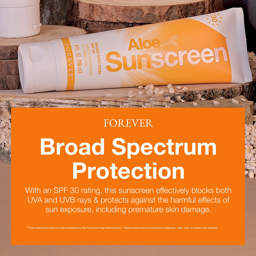 Forever Living Aloe Sunscreen SPF 30 at the beach scene highlights protected, comfortable sun exposure