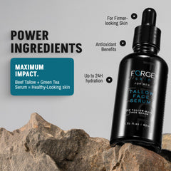 The application shot shows Forge Skin Night Beef Tallow Serum massaged along the jawline for overnight nourishment.