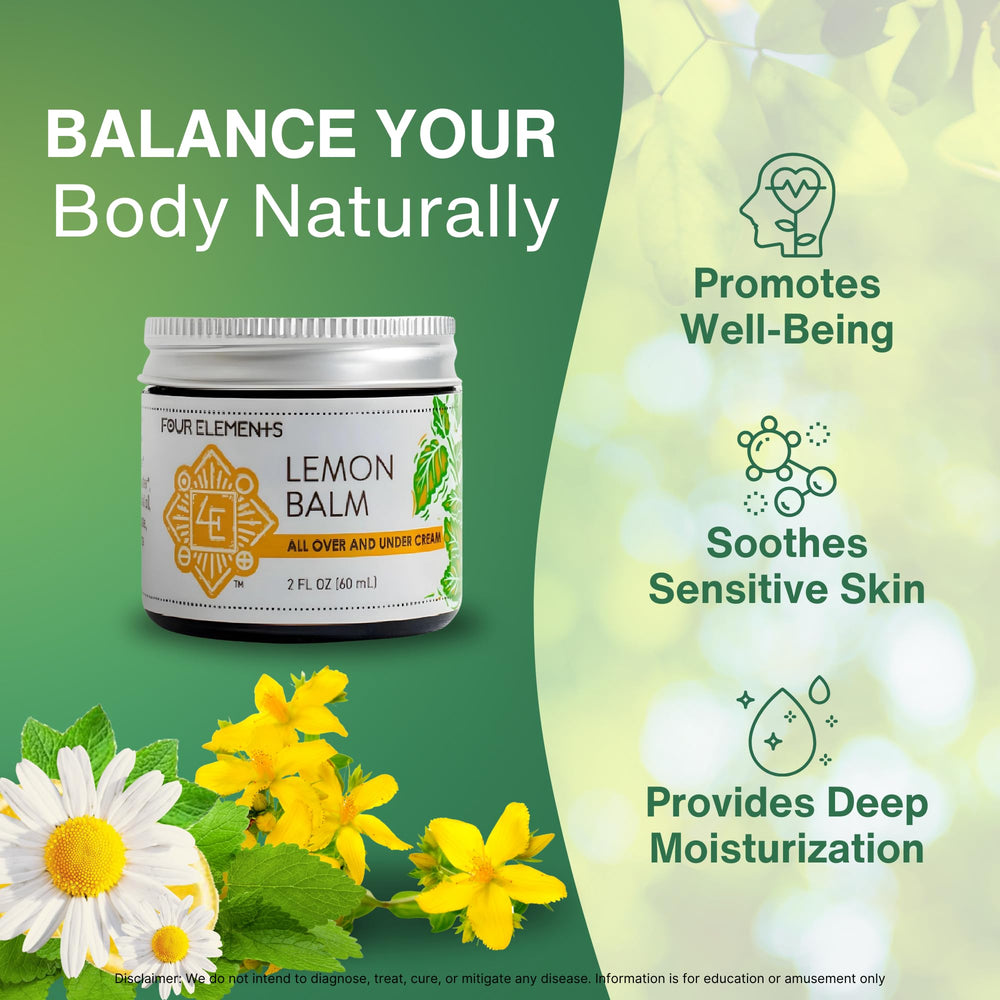 Packaging label of Four Elements Lemon Balm Cream emphasizes organic status.