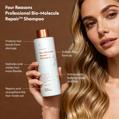 Four Reasons Bio-Molecule Bond Repair Shampoo lather close-up shows smoothness and frizz reduction.