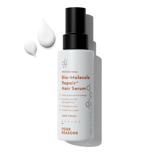 Four Reasons Bio-Molecule Repair Serum bottle close-up highlighting bond repair and hydration.