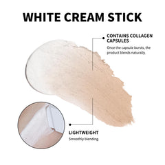 Fovcos Blanc Cover Cream Stick color-change blends to skin tone.
