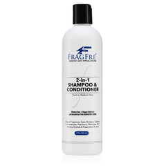 Fragfre 2 in 1 shampoo and conditioner bottle front, fragrance-free wash-and-go solution.