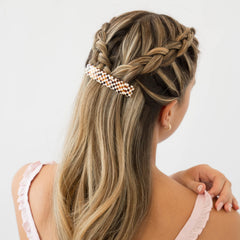 France Luxe checkered barrette ivory and amber pattern adds versatility.