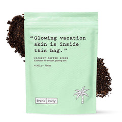 Frank Body Coconut Coffee Scrub bottle on a bathroom shelf, highlighting exfoliation and hydration.