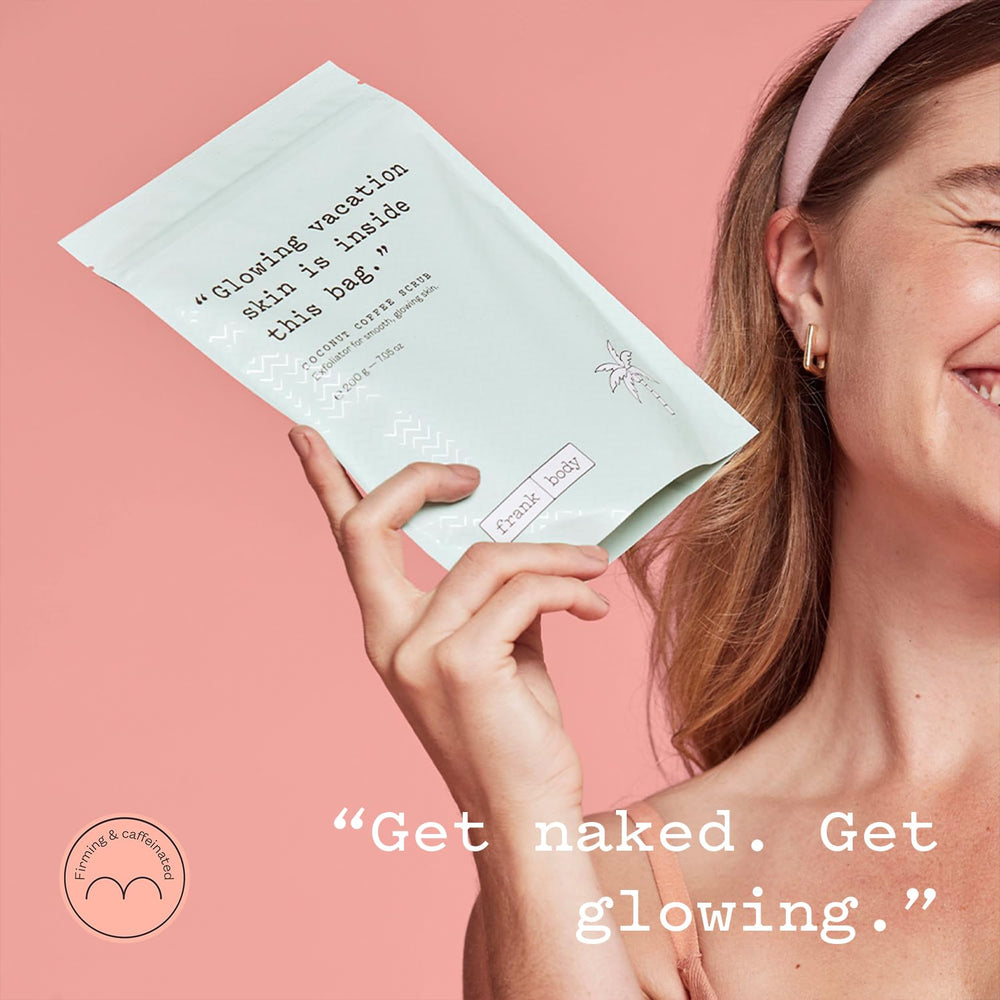 Product packaging of Frank Body Coconut Coffee Scrub highlighting vegan, cruelty-free claim.