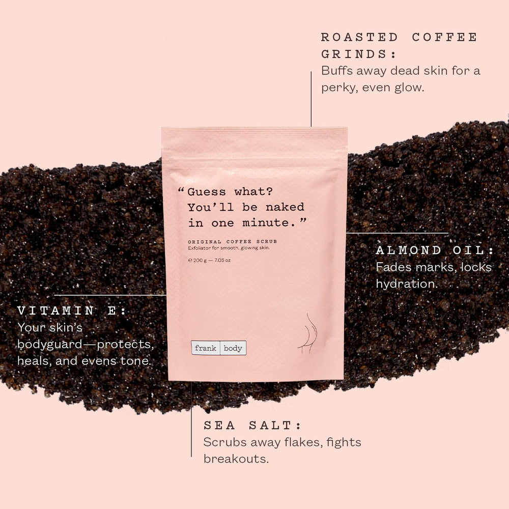 Close-up of Frank Body Original Coffee Scrub jar showing gritty exfoliant texture
