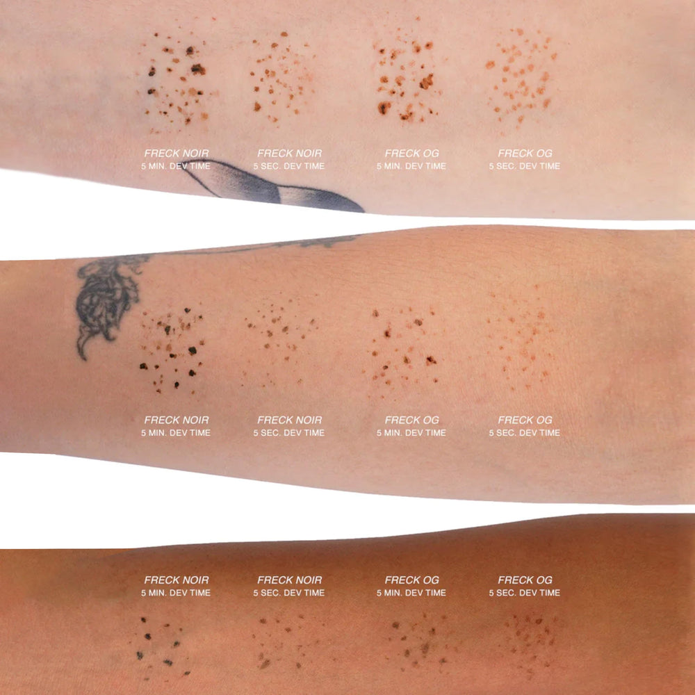 Freck OG light/medium swatch shows warm undertone on fair skin.