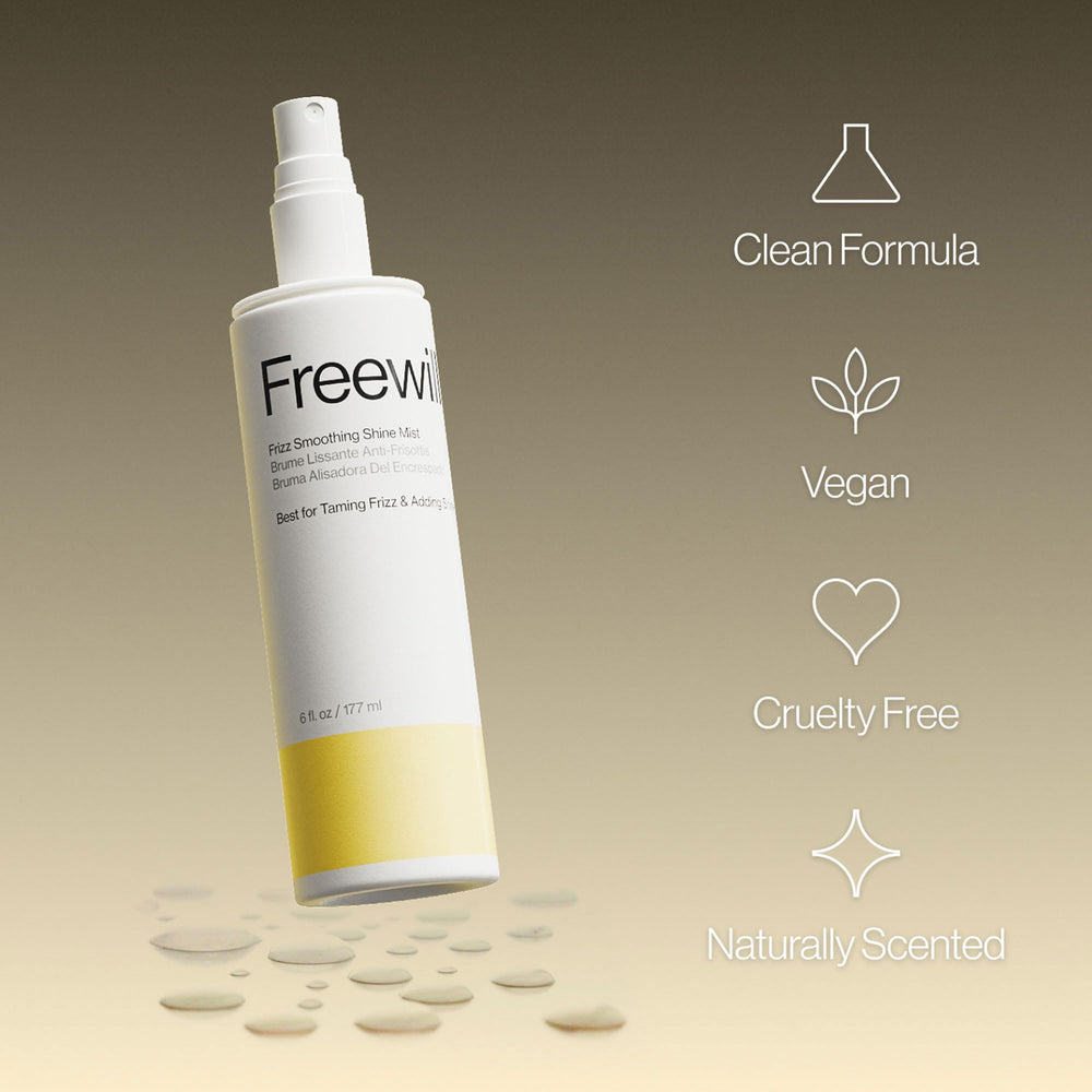 Hair shows a glossy finish after Freewill Shine Mist for hydrated texture.