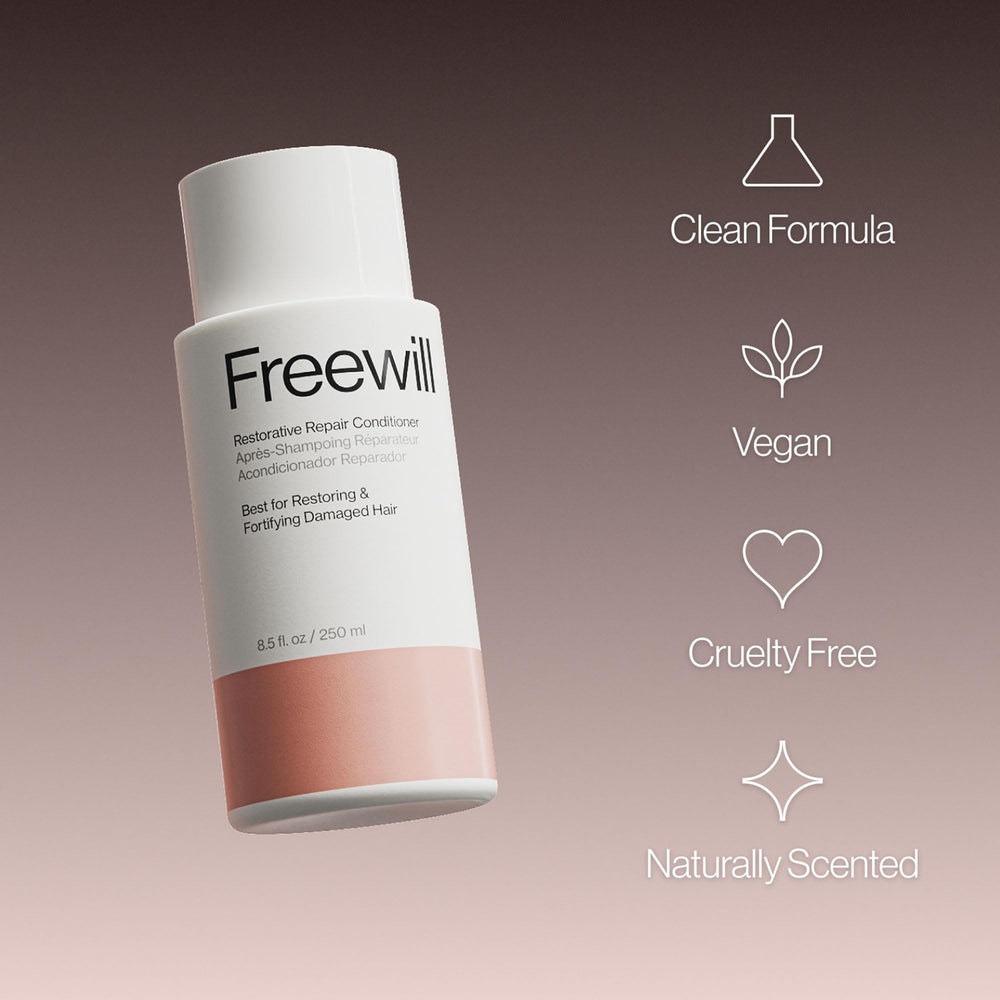 Freewill Restorative Repair Conditioner bottle closeup highlights creamy texture and nourishment.