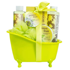 Freida and Joe Passion Fruit Bath Basket in a vintage green tub for a spa-at-home experience